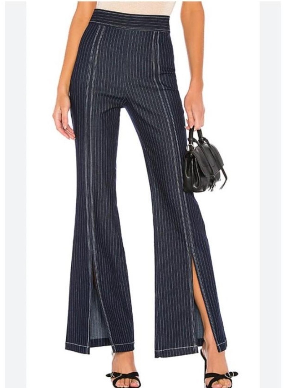Lovers + Friends Womens navy white pinstripe flare trousers split hem L